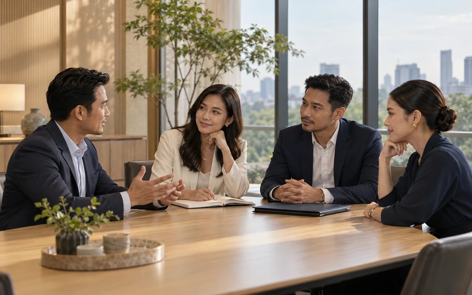 Four business professionals exchanging ideas around a meeting table