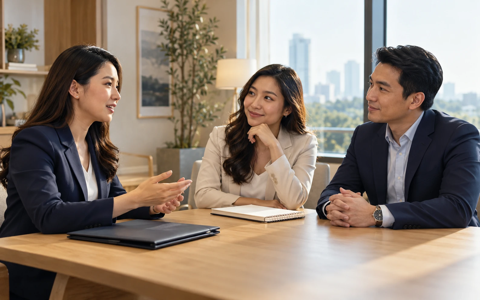 Three professionals discussing recruitment around a meeting table