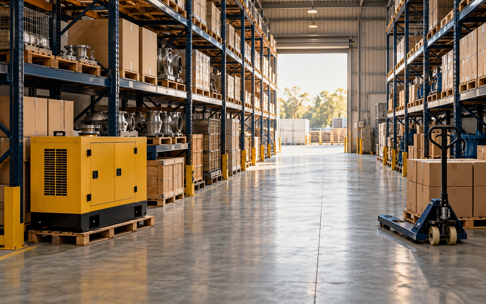 Industrial equipment and supplies arranged in a warehouse