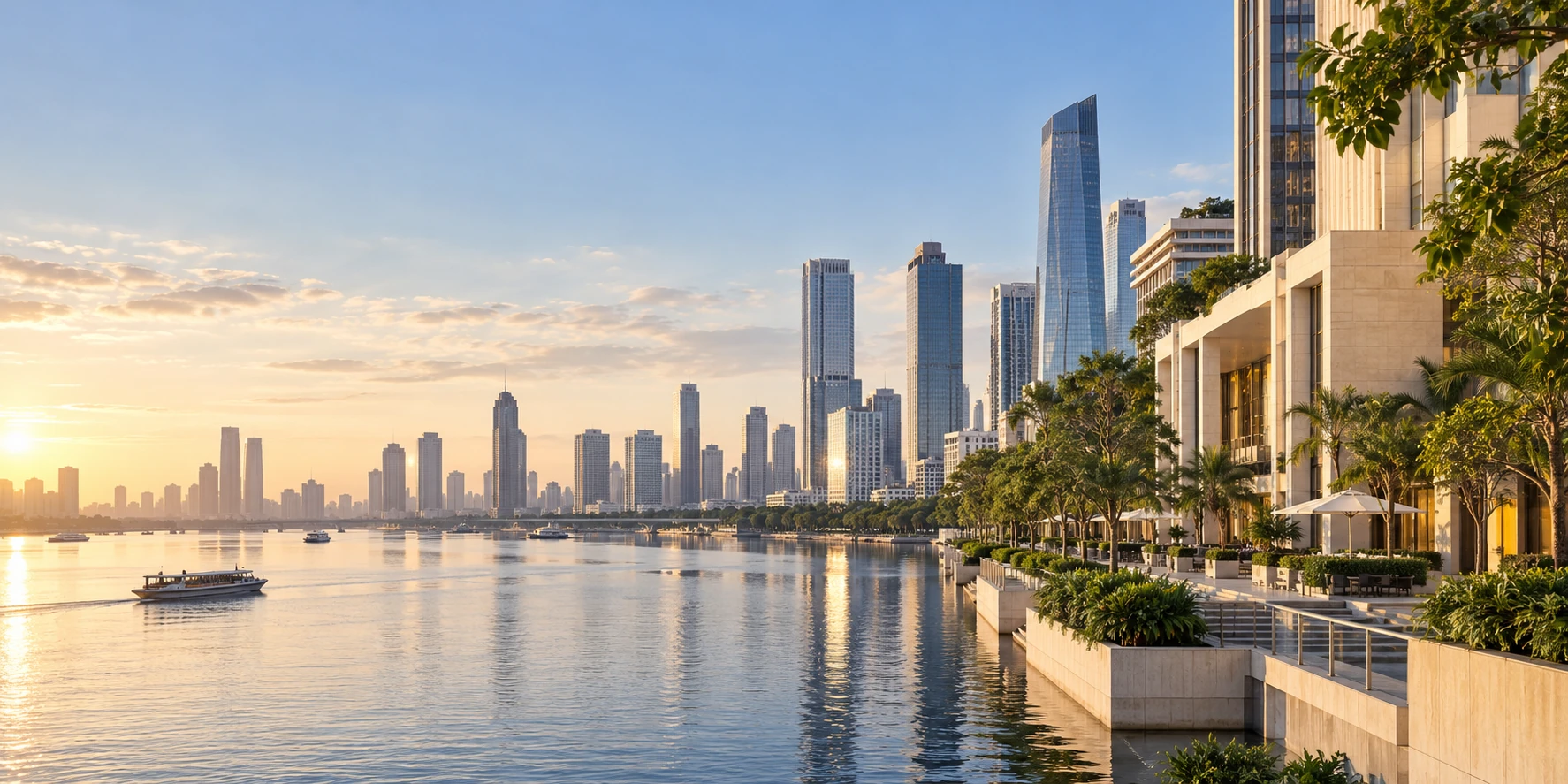 Contemporary riverfront architecture in soft morning light
