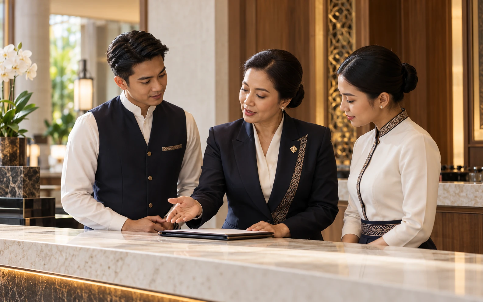 A hospitality mentor guiding two trainees at a hotel reception