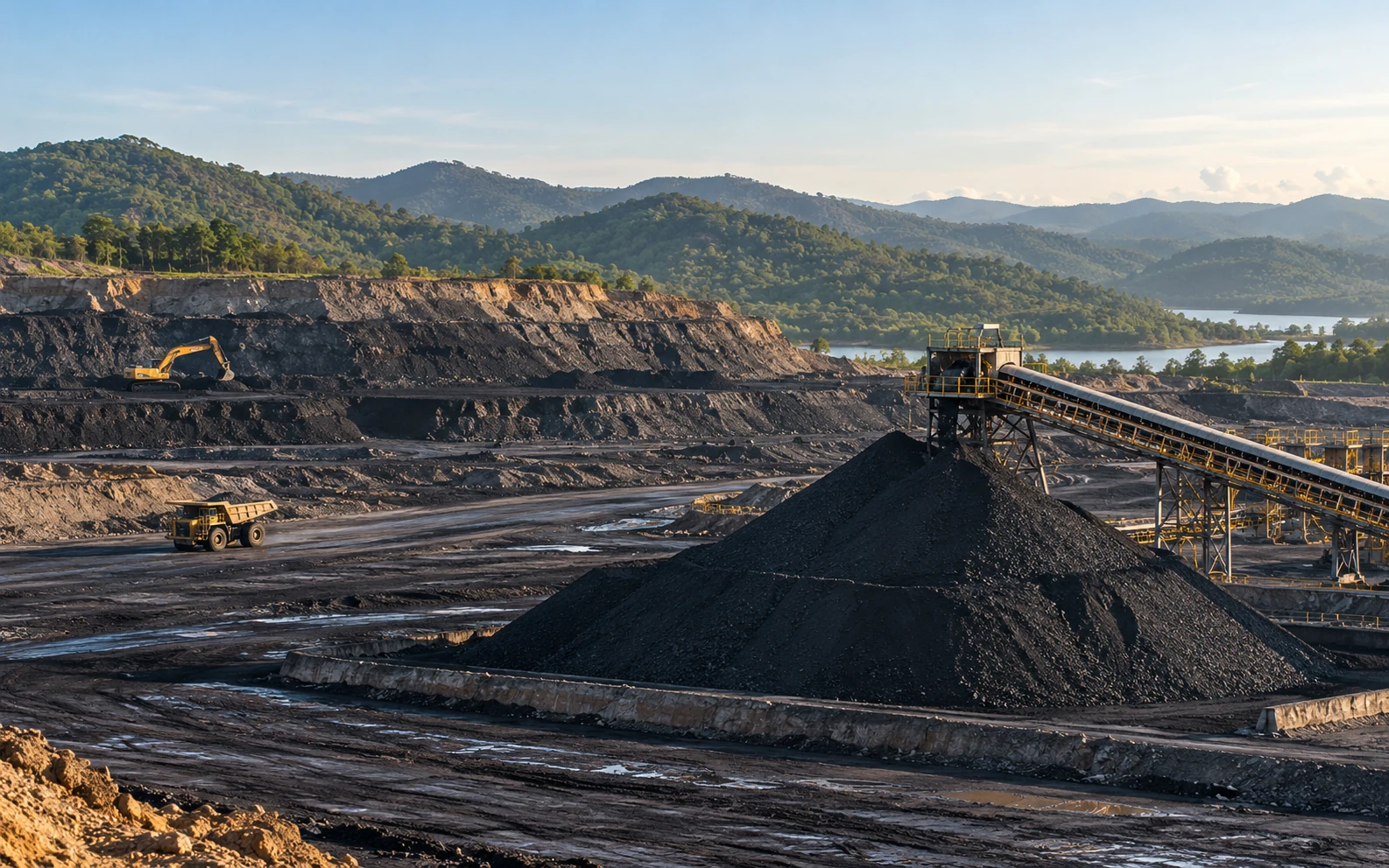 A coal handling yard with a conveyor and separately positioned vehicles