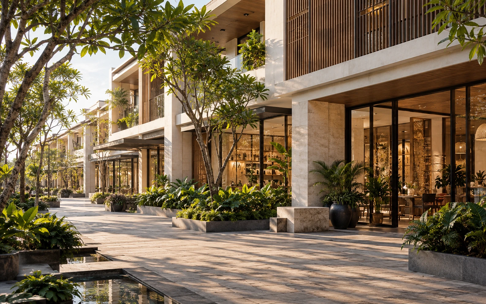 Contemporary low-rise buildings beside a landscaped pedestrian walkway
