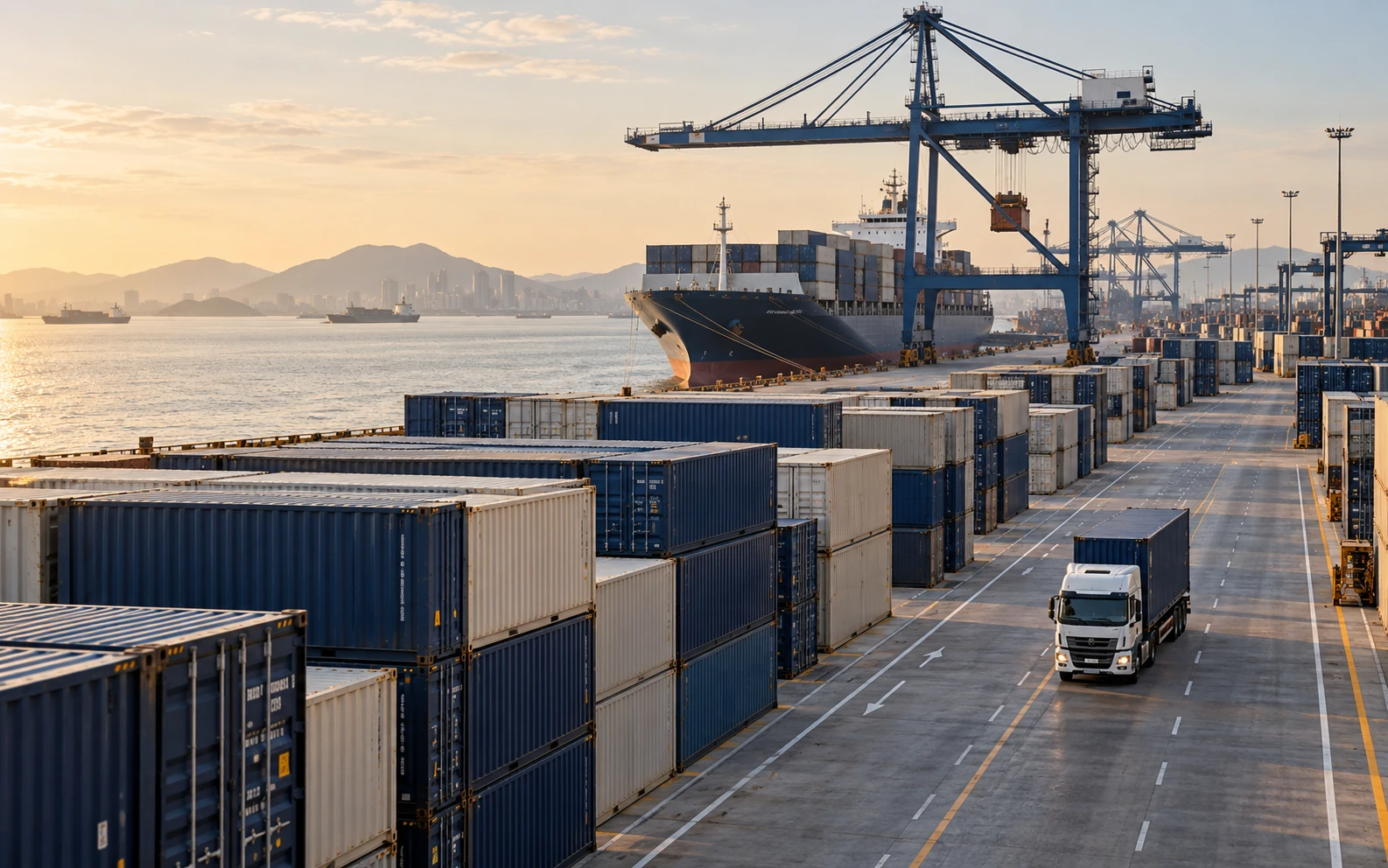 Shipping containers and a freight truck in an organized port terminal